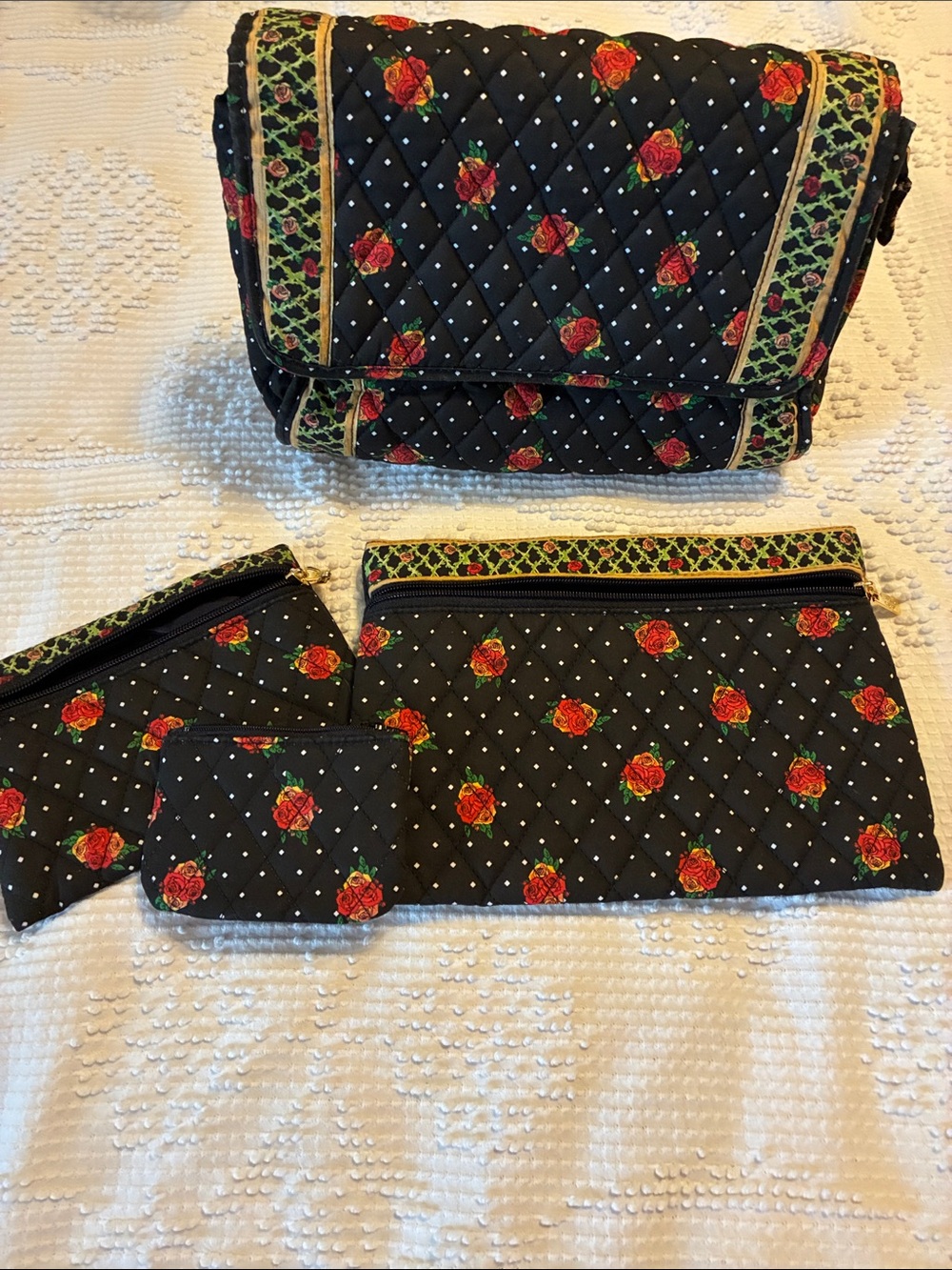 Black Quilted Rose Print Four piece Pouch Set